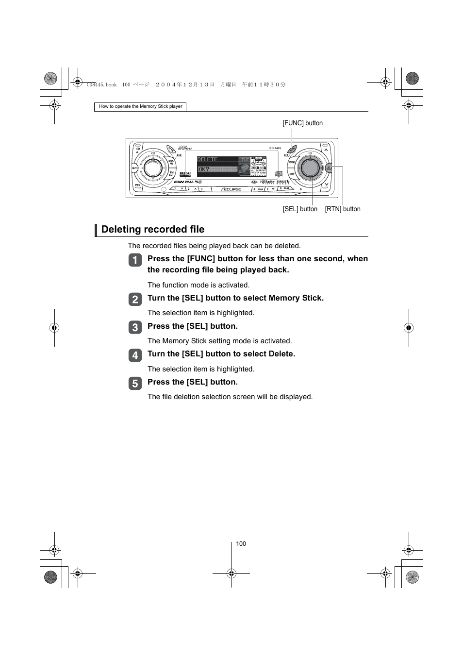 Deleting recorded file | Eclipse - Fujitsu Ten CD8445 User Manual | Page 100 / 212