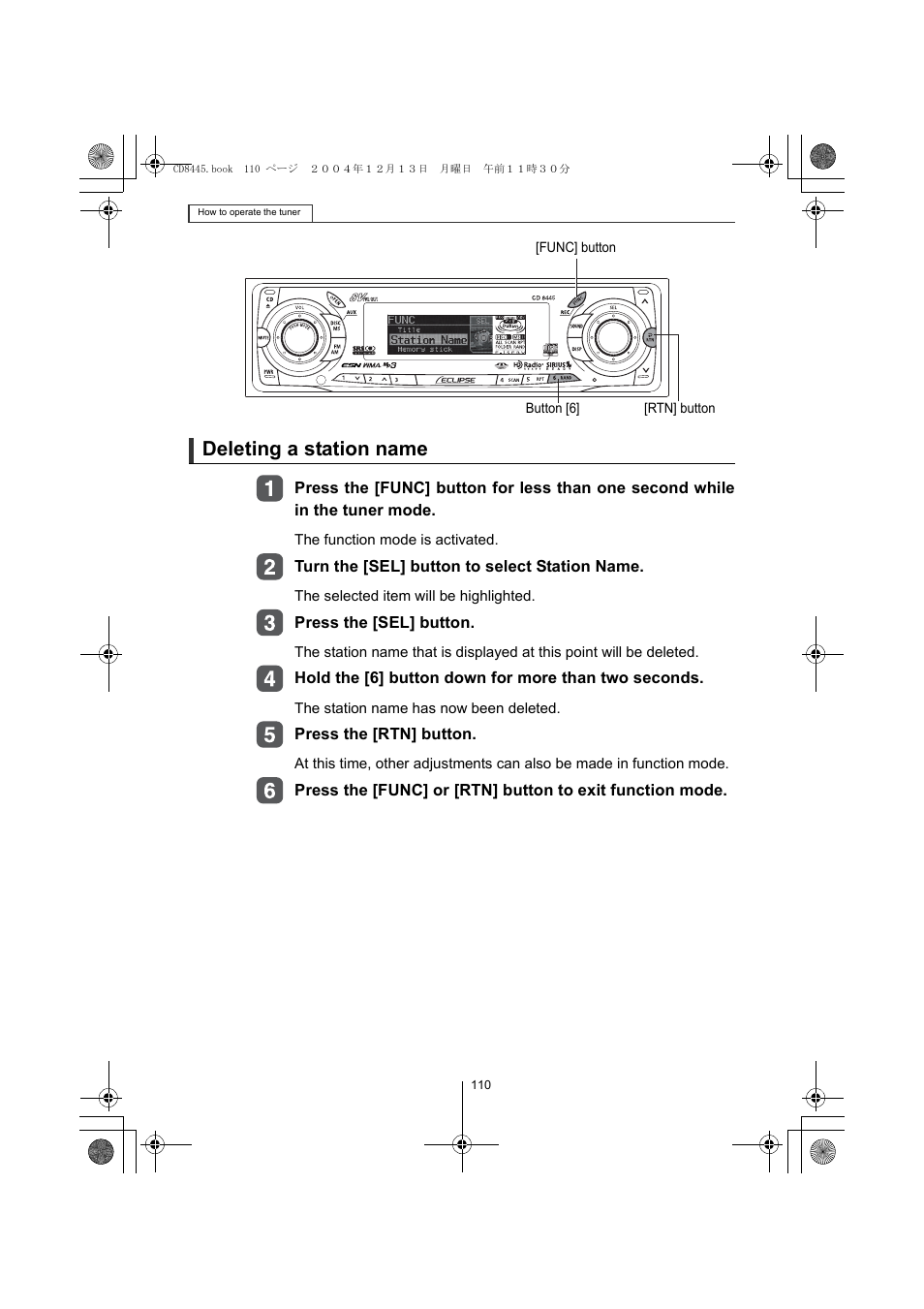 Deleting a station name | Eclipse - Fujitsu Ten CD8445 User Manual | Page 110 / 212