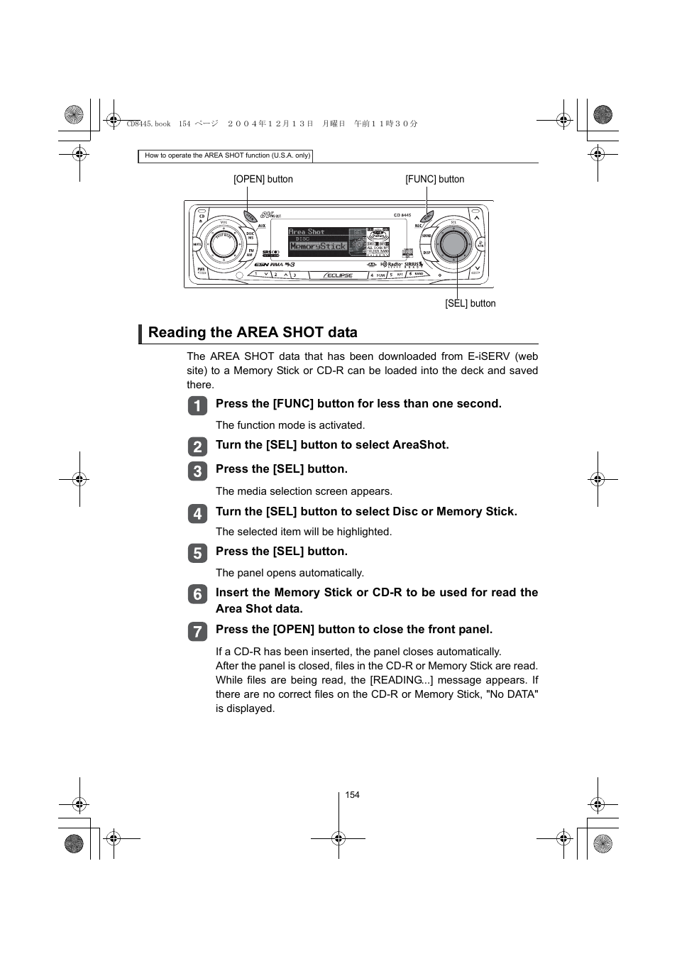 Reading the area shot data | Eclipse - Fujitsu Ten CD8445 User Manual | Page 154 / 212