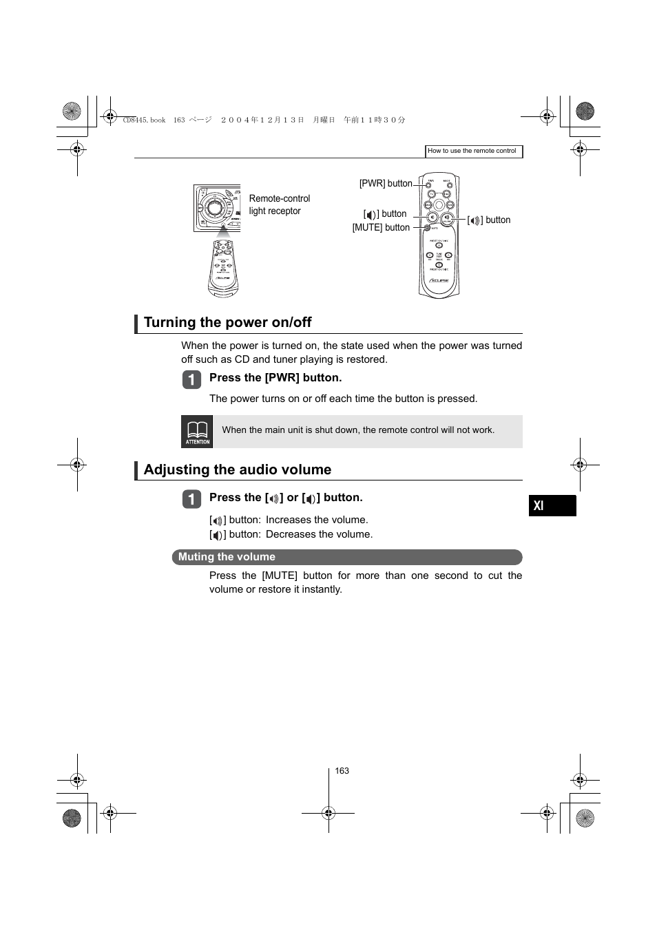 Turning the power on/off, Adjusting the audio volume | Eclipse - Fujitsu Ten CD8445 User Manual | Page 163 / 212