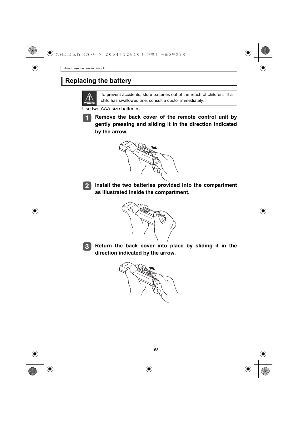 Replacing the battery | Eclipse - Fujitsu Ten CD8445 User Manual | Page 168 / 212