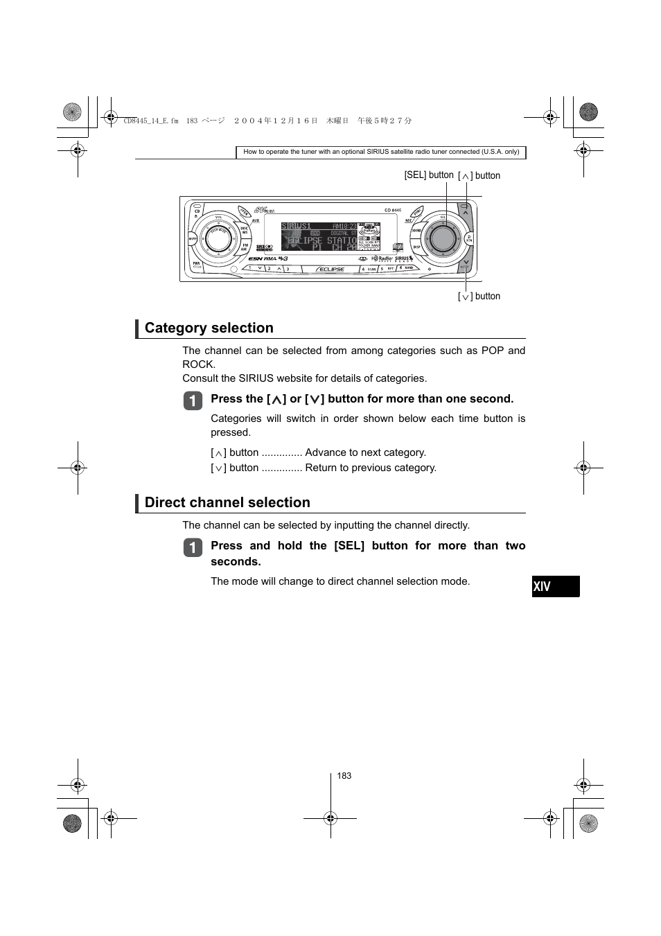 Category selection, Direct channel selection | Eclipse - Fujitsu Ten CD8445 User Manual | Page 183 / 212