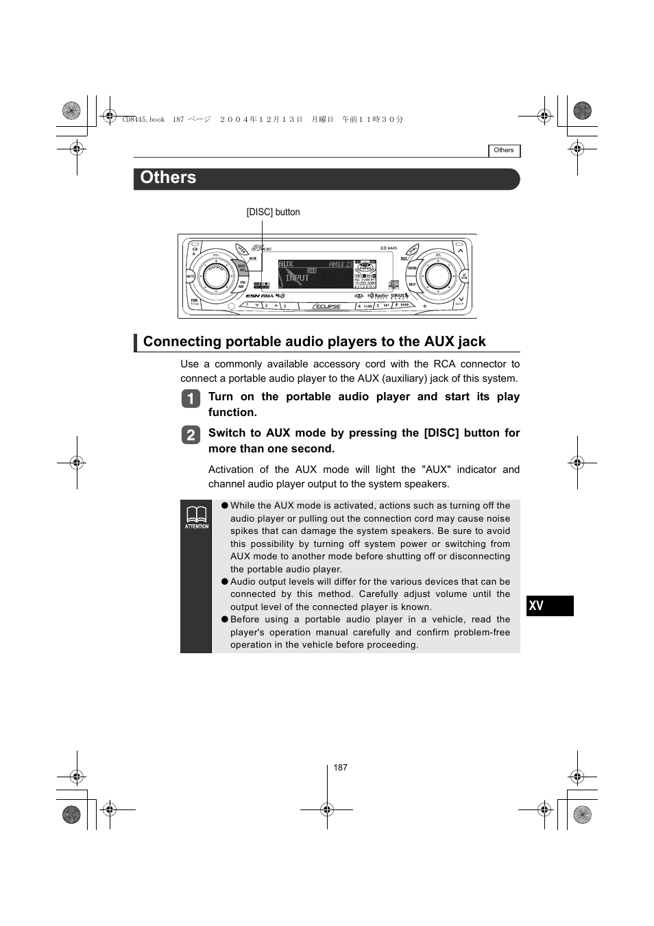 Others, Connecting portable audio players to the aux jack | Eclipse - Fujitsu Ten CD8445 User Manual | Page 187 / 212