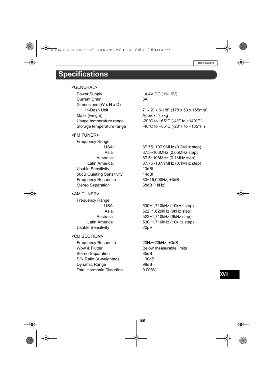 Specifications, Xvii | Eclipse - Fujitsu Ten CD8445 User Manual | Page 195 / 212