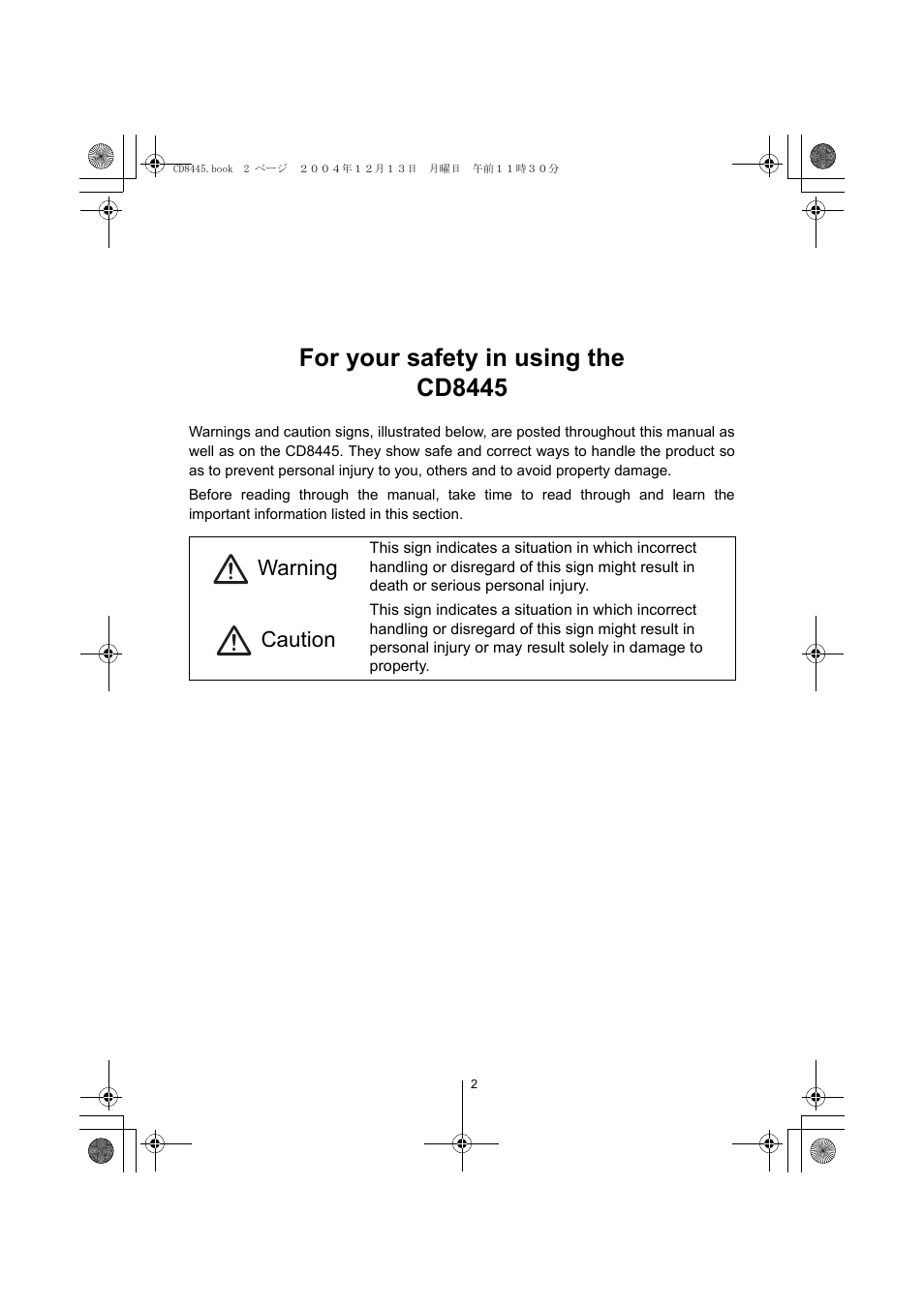 For your safety in using the cd8445, Warning caution | Eclipse - Fujitsu Ten CD8445 User Manual | Page 2 / 212