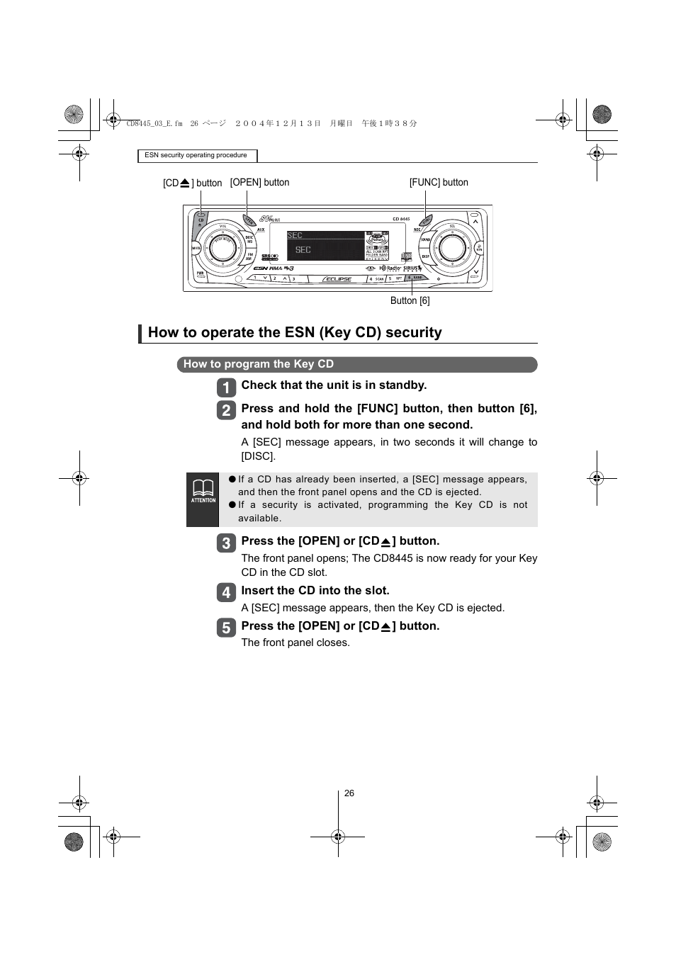 How to operate the esn (key cd) security | Eclipse - Fujitsu Ten CD8445 User Manual | Page 26 / 212