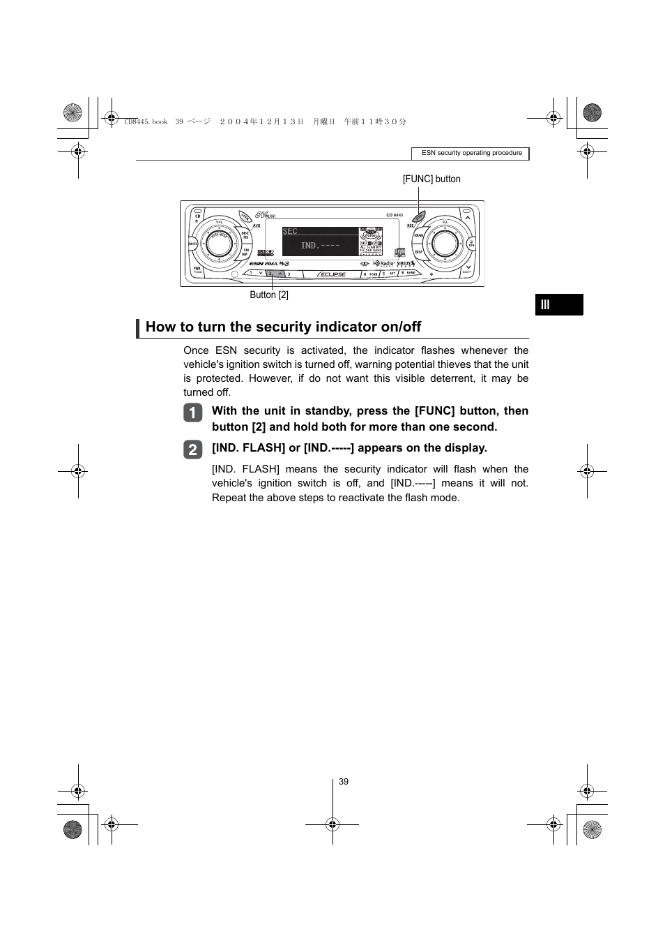 How to turn the security indicator on/off | Eclipse - Fujitsu Ten CD8445 User Manual | Page 39 / 212