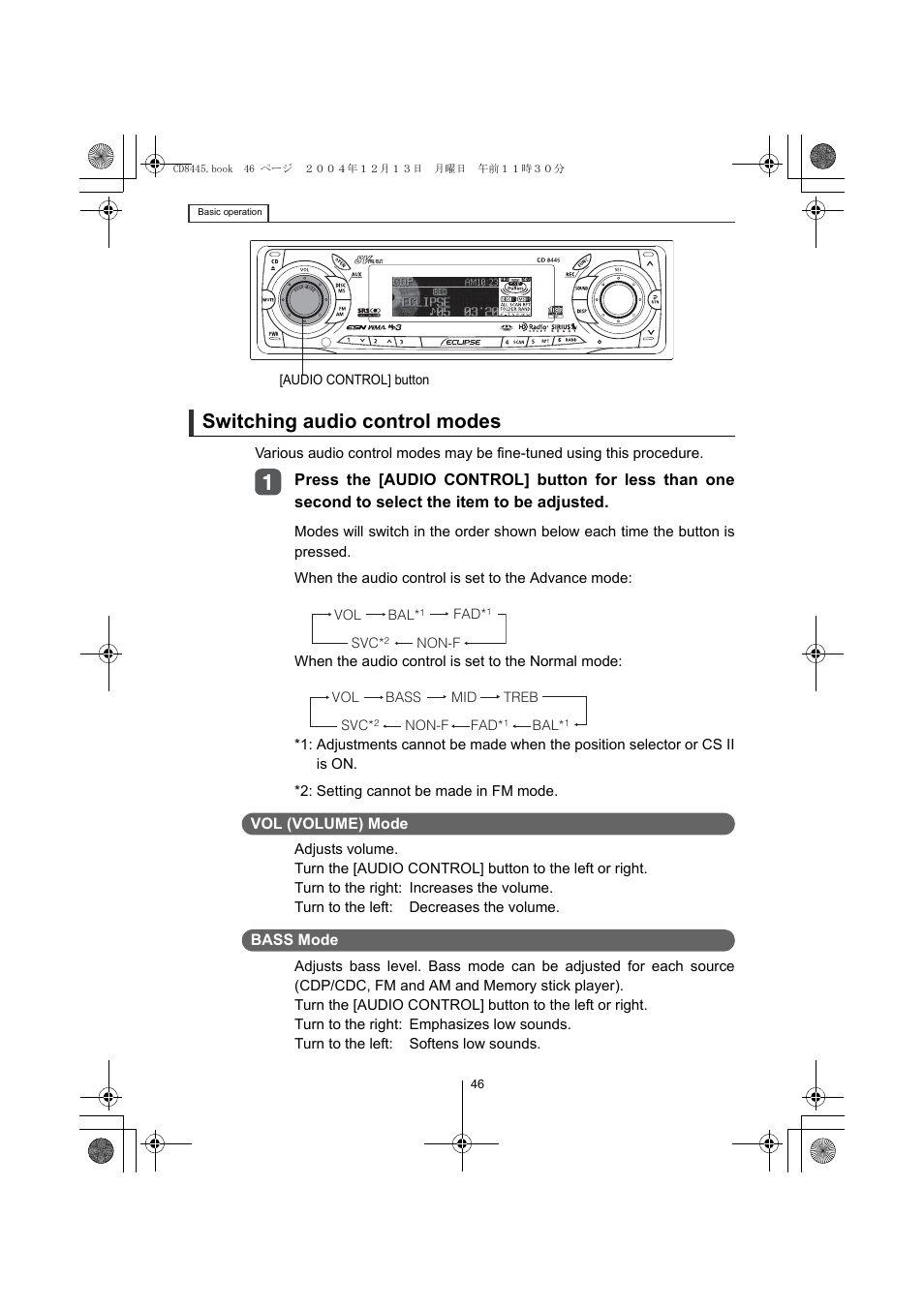 Switching audio control modes | Eclipse - Fujitsu Ten CD8445 User Manual | Page 46 / 212