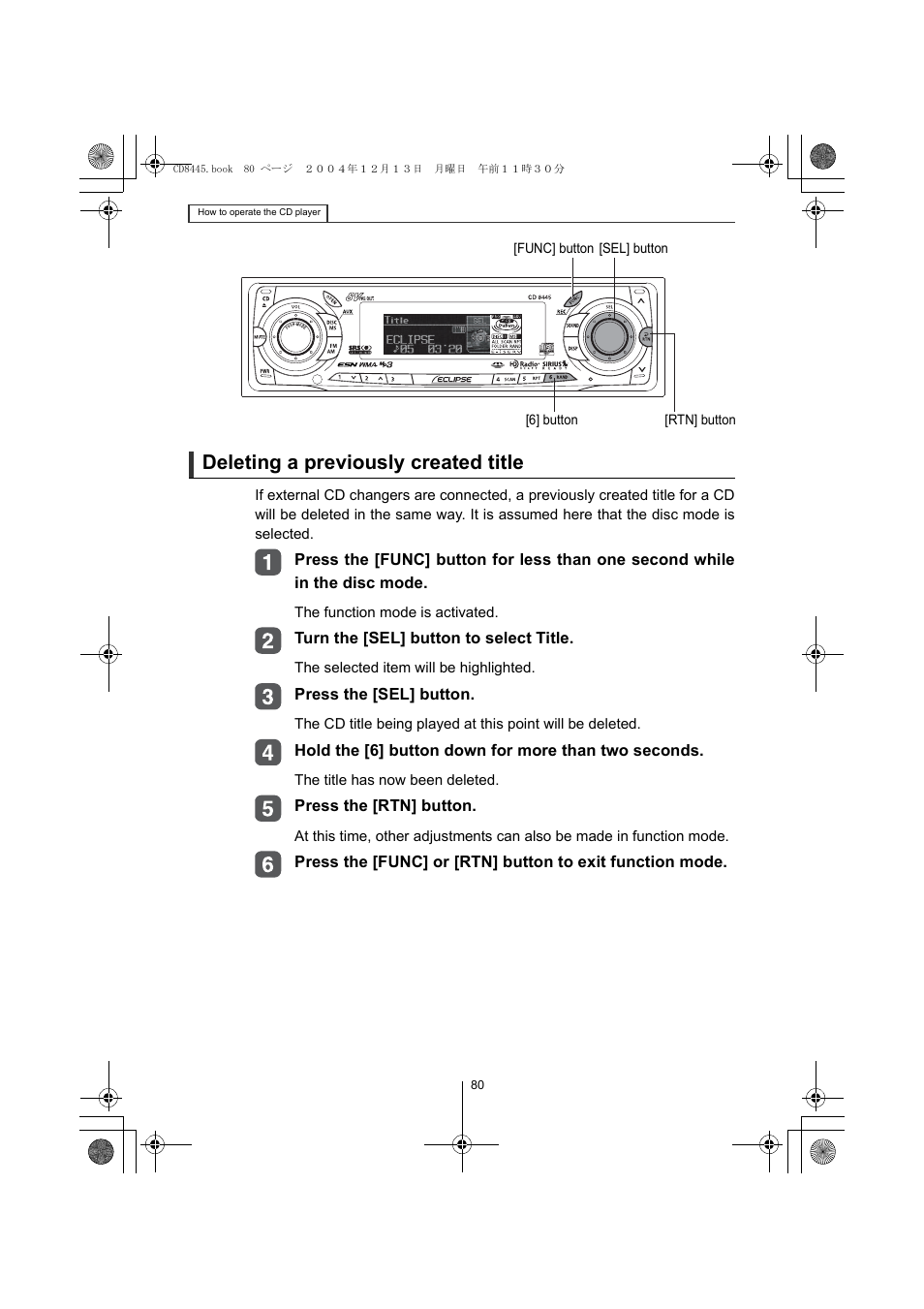 Deleting a previously created title | Eclipse - Fujitsu Ten CD8445 User Manual | Page 80 / 212