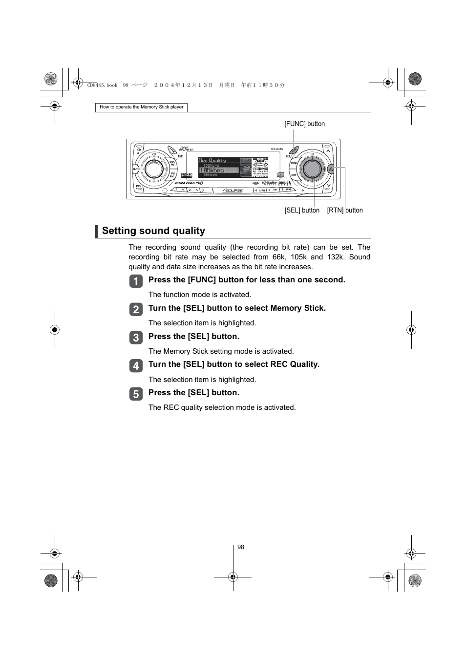 Setting sound quality | Eclipse - Fujitsu Ten CD8445 User Manual | Page 98 / 212