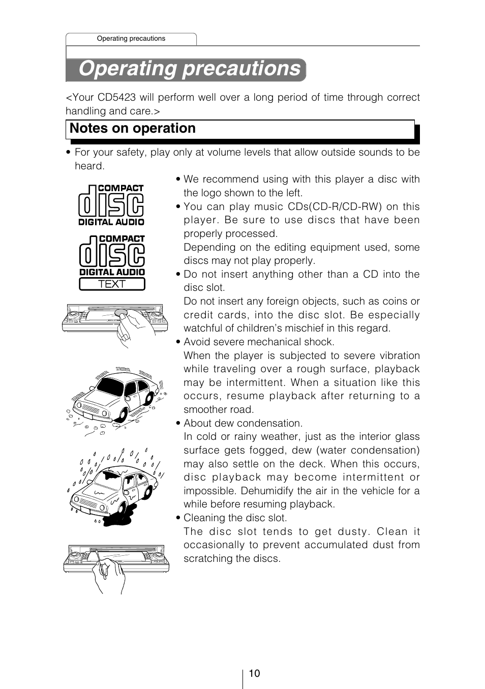 Operating precautions | Eclipse - Fujitsu Ten CD5423 User Manual | Page 10 / 96