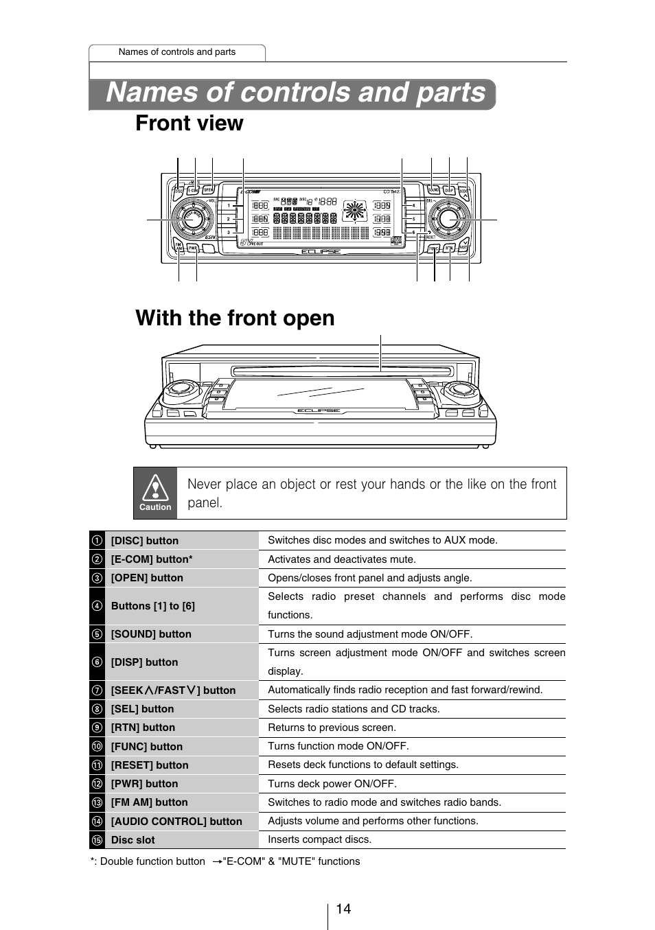 Names of controls and parts, Front view with the front open | Eclipse - Fujitsu Ten CD5423 User Manual | Page 14 / 96