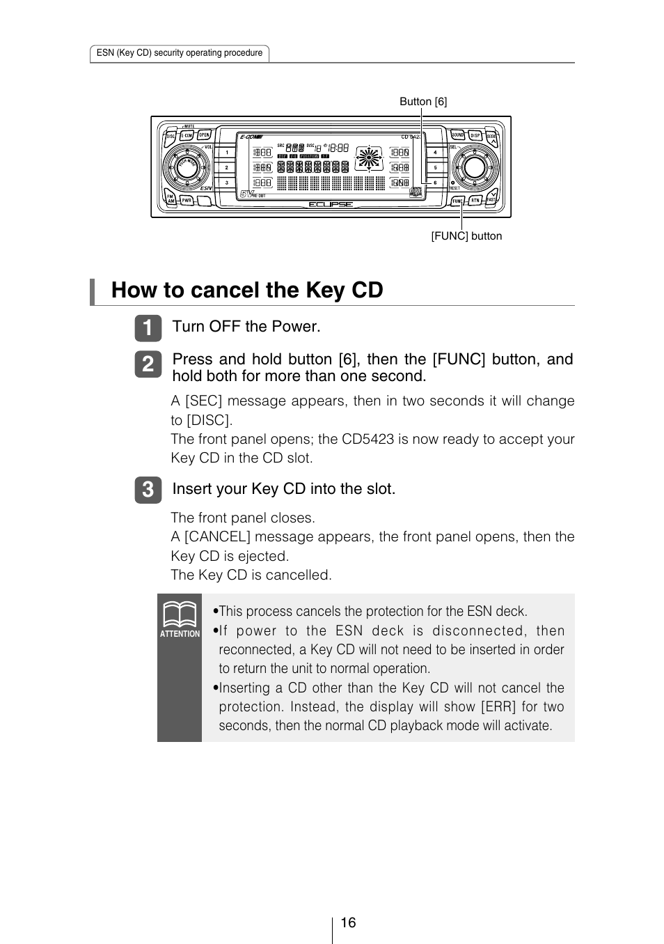 How to cancel the key cd | Eclipse - Fujitsu Ten CD5423 User Manual | Page 16 / 96