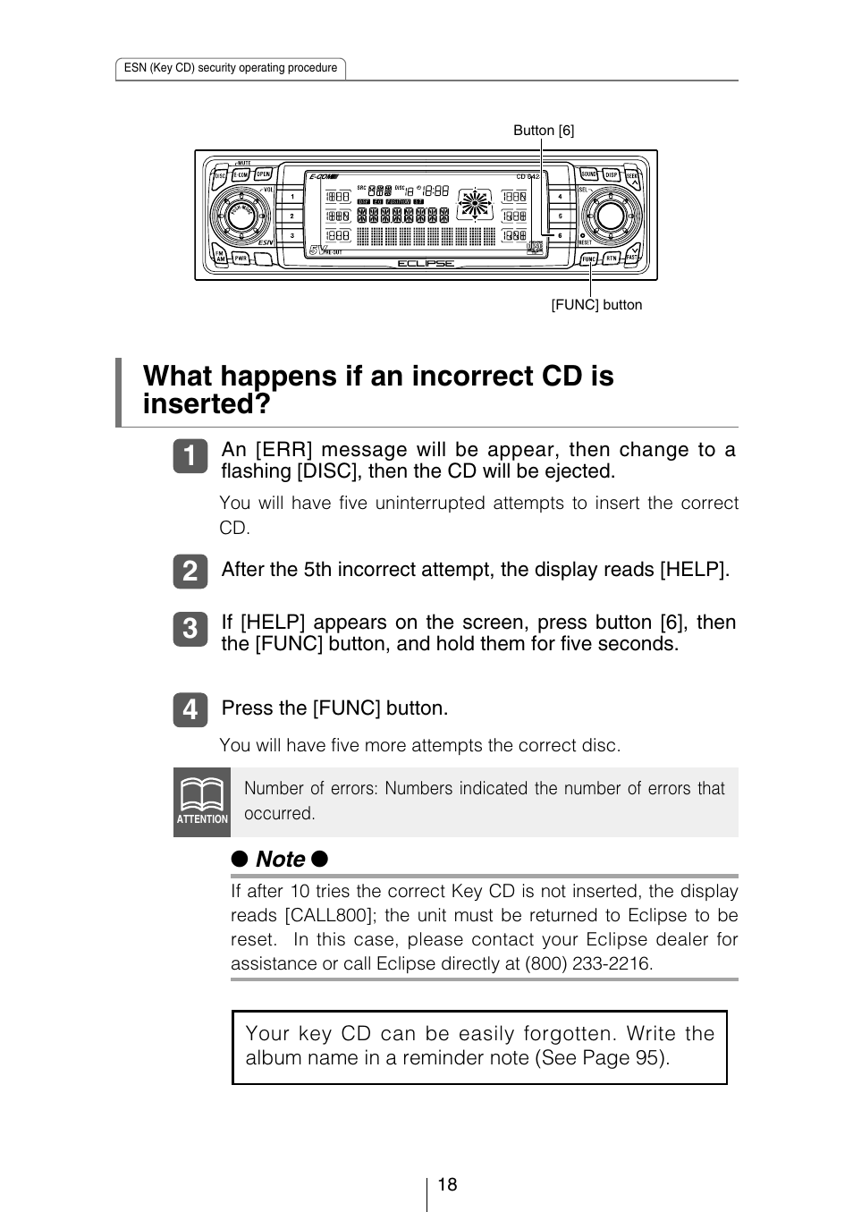 What happens if an incorrect cd is inserted | Eclipse - Fujitsu Ten CD5423 User Manual | Page 18 / 96