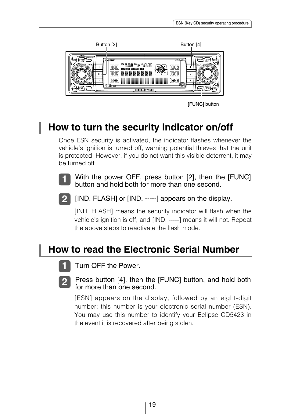 How to turn the security indicator on/off, How to read the electronic serial number | Eclipse - Fujitsu Ten CD5423 User Manual | Page 19 / 96