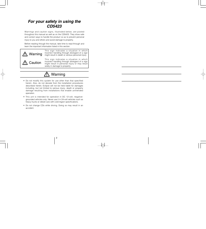 For your safety in using the cd5423, Warning, Caution warning | Eclipse - Fujitsu Ten CD5423 User Manual | Page 2 / 96