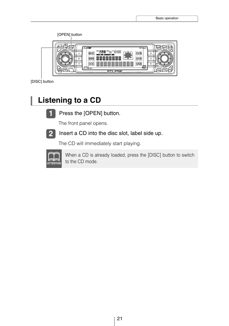 Listening to a cd | Eclipse - Fujitsu Ten CD5423 User Manual | Page 21 / 96