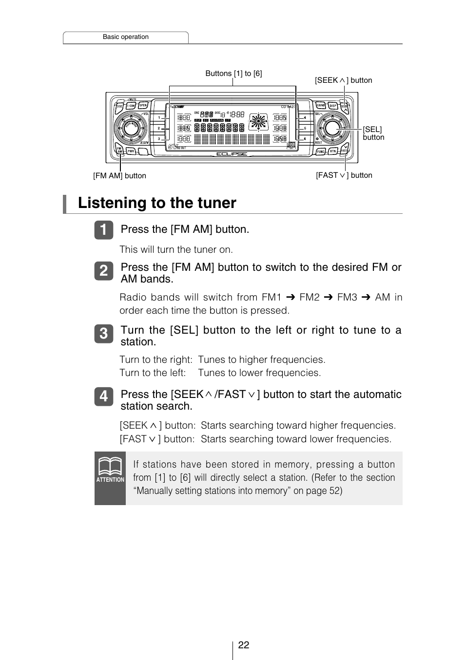 Listening to the tuner | Eclipse - Fujitsu Ten CD5423 User Manual | Page 22 / 96