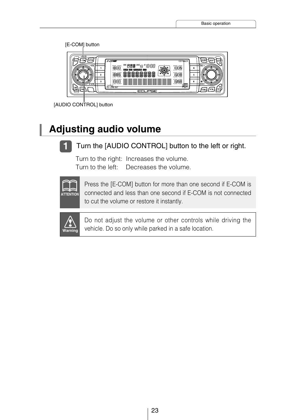 Adjusting audio volume | Eclipse - Fujitsu Ten CD5423 User Manual | Page 23 / 96