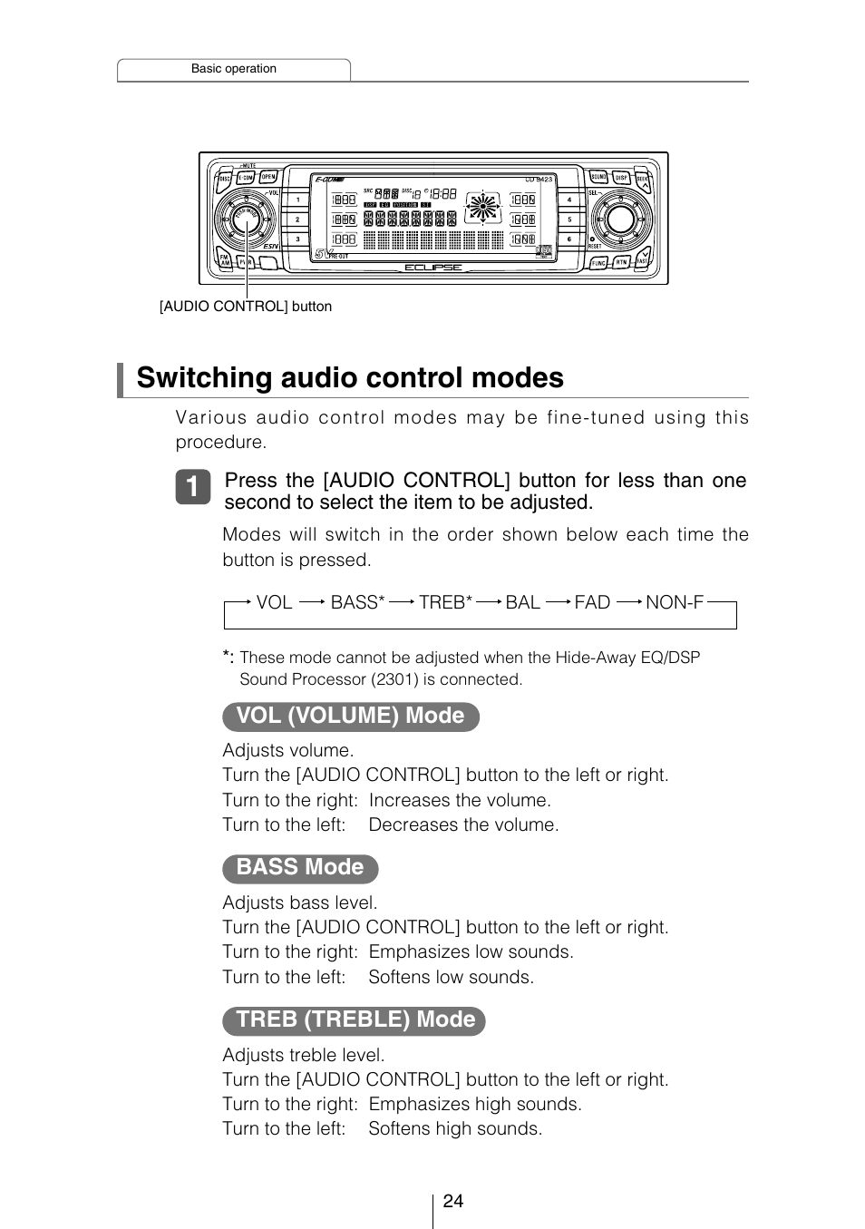 Switching audio control modes, Treb (treble) mode, Vol (volume) mode | Bass mode | Eclipse - Fujitsu Ten CD5423 User Manual | Page 24 / 96