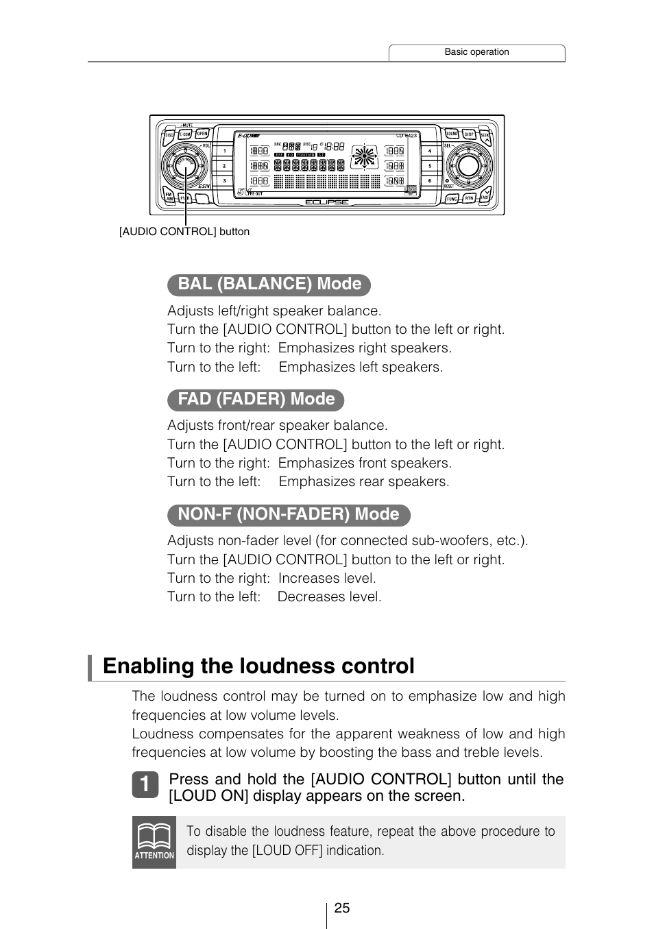 Enabling the loudness control, Bal (balance) mode, Fad (fader) mode | Non-f (non-fader) mode | Eclipse - Fujitsu Ten CD5423 User Manual | Page 25 / 96