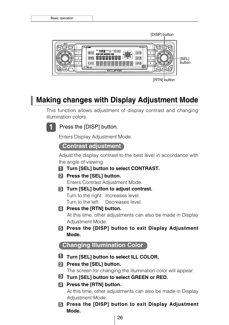 Making changes with display adjustment mode, Contrast adjustment, Changing illumination color | Eclipse - Fujitsu Ten CD5423 User Manual | Page 26 / 96