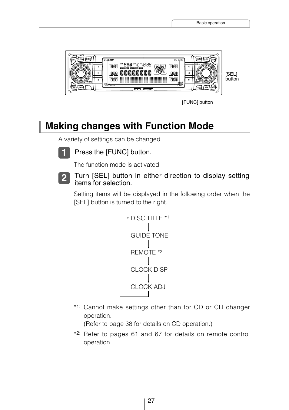 Making changes with function mode | Eclipse - Fujitsu Ten CD5423 User Manual | Page 27 / 96