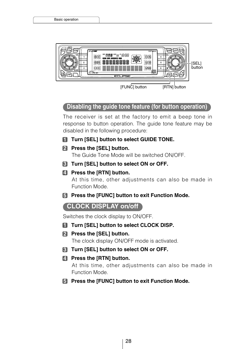 Clock display on/off | Eclipse - Fujitsu Ten CD5423 User Manual | Page 28 / 96