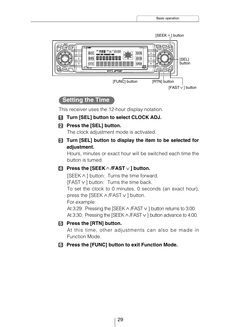 Setting the time | Eclipse - Fujitsu Ten CD5423 User Manual | Page 29 / 96