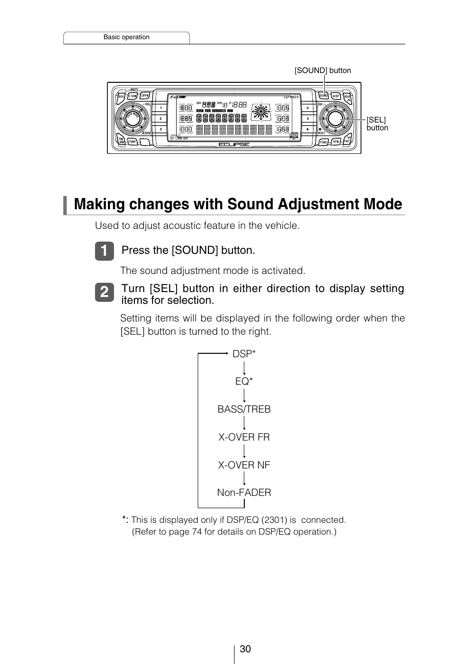 Making changes with sound adjustment mode | Eclipse - Fujitsu Ten CD5423 User Manual | Page 30 / 96