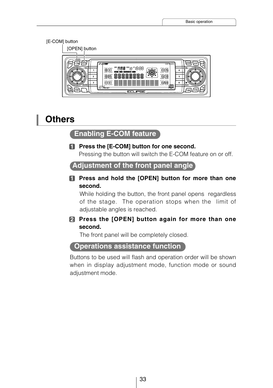 Others, Enabling e-com feature, Adjustment of the front panel angle | Operations assistance function | Eclipse - Fujitsu Ten CD5423 User Manual | Page 33 / 96