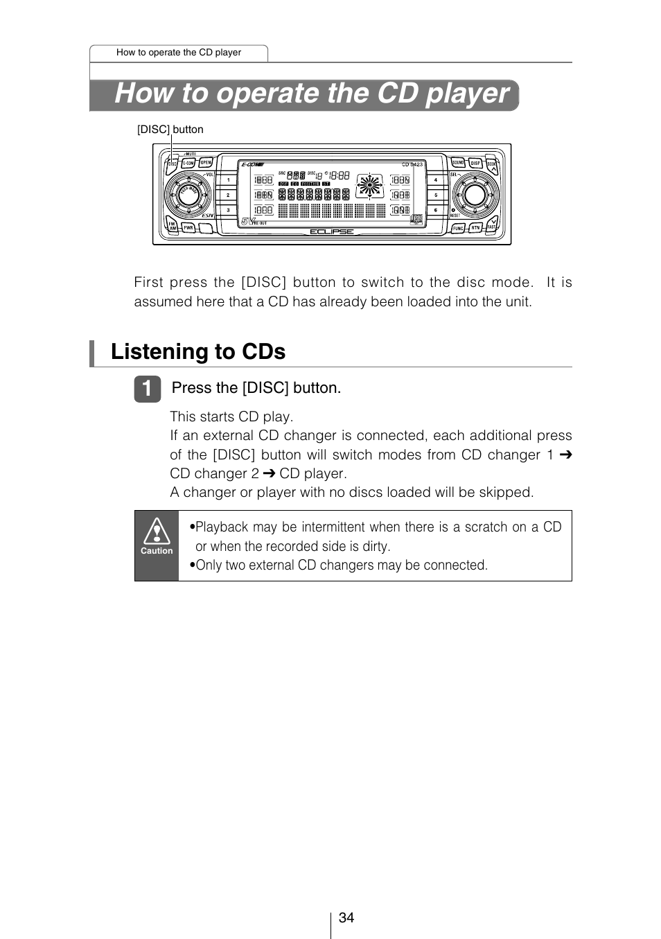 How to operate the cd player, Listening to cds | Eclipse - Fujitsu Ten CD5423 User Manual | Page 34 / 96