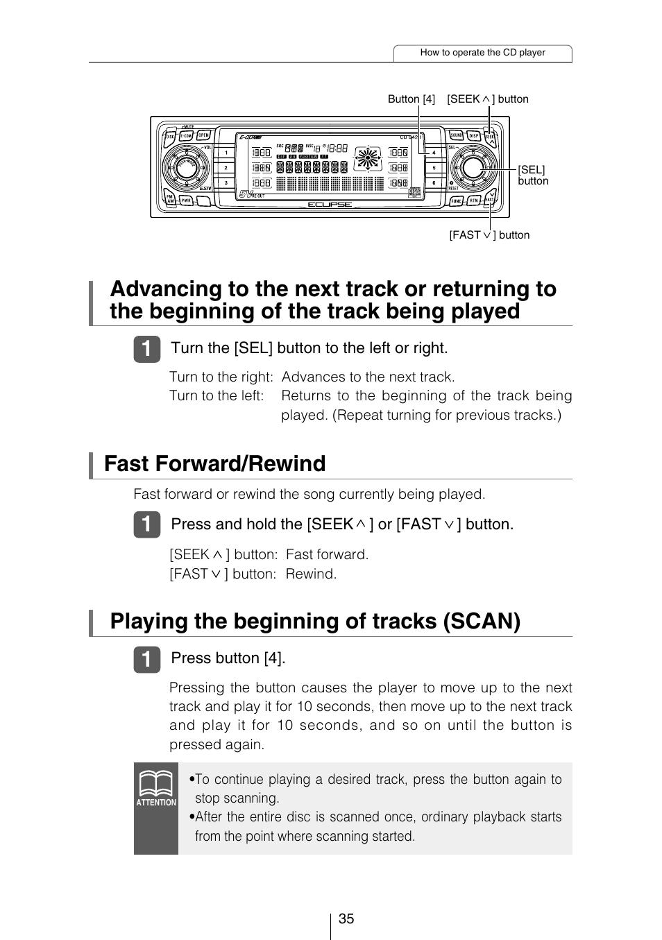 Playing the beginning of tracks (scan), Fast forward/rewind | Eclipse - Fujitsu Ten CD5423 User Manual | Page 35 / 96