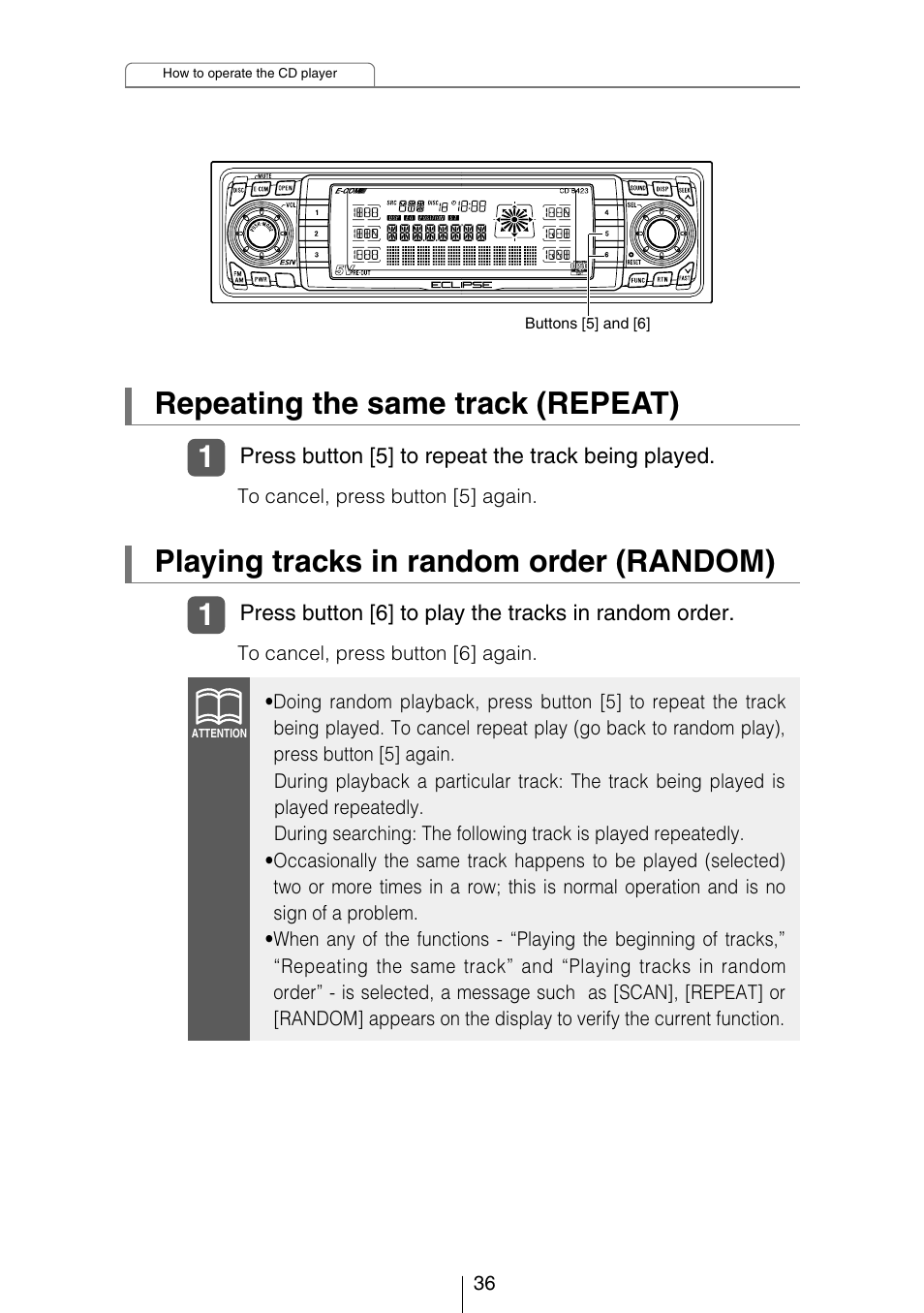 Repeating the same track (repeat), Playing tracks in random order (random) | Eclipse - Fujitsu Ten CD5423 User Manual | Page 36 / 96