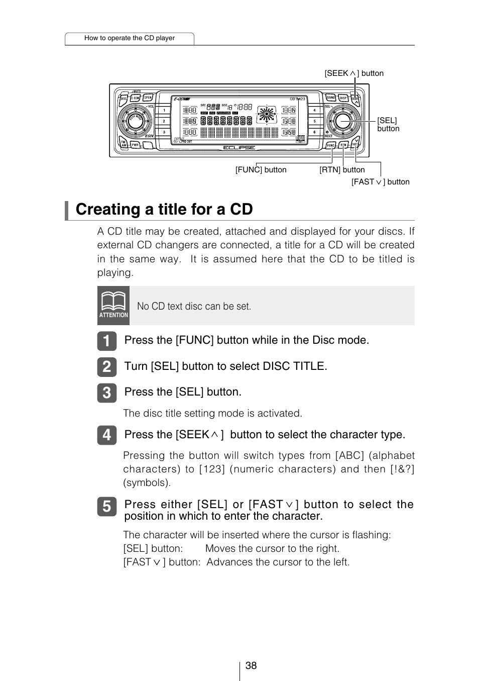 Creating a title for a cd | Eclipse - Fujitsu Ten CD5423 User Manual | Page 38 / 96