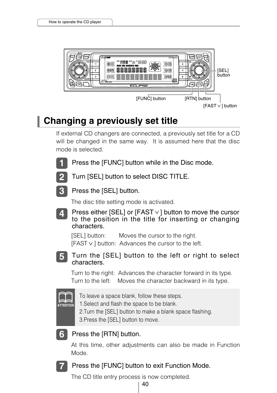 Changing a previously set title | Eclipse - Fujitsu Ten CD5423 User Manual | Page 40 / 96