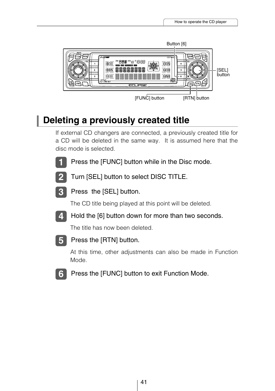 Deleting a previously created title | Eclipse - Fujitsu Ten CD5423 User Manual | Page 41 / 96