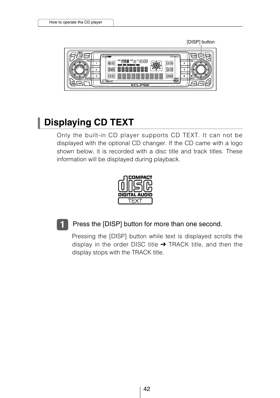 Displaying cd text | Eclipse - Fujitsu Ten CD5423 User Manual | Page 42 / 96