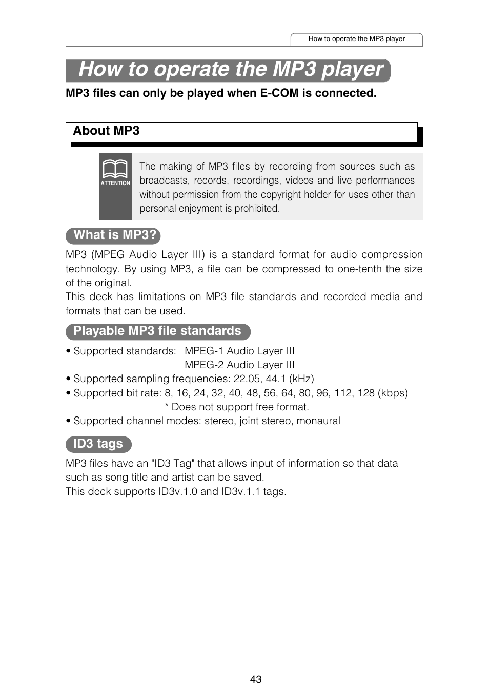 How to operate the mp3 player | Eclipse - Fujitsu Ten CD5423 User Manual | Page 43 / 96