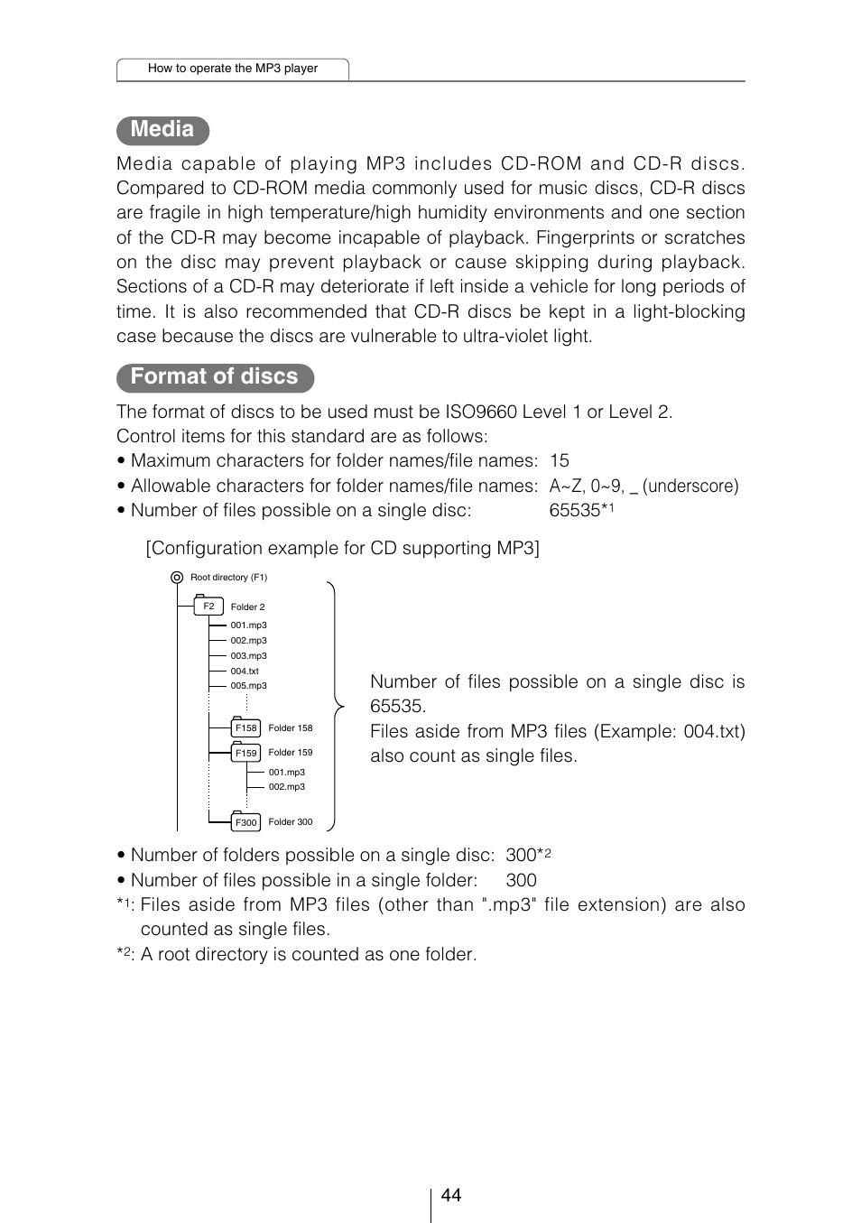 Media format of discs, Number of folders possible on a single disc: 300, Number of files possible in a single folder: 300 | A root directory is counted as one folder | Eclipse - Fujitsu Ten CD5423 User Manual | Page 44 / 96