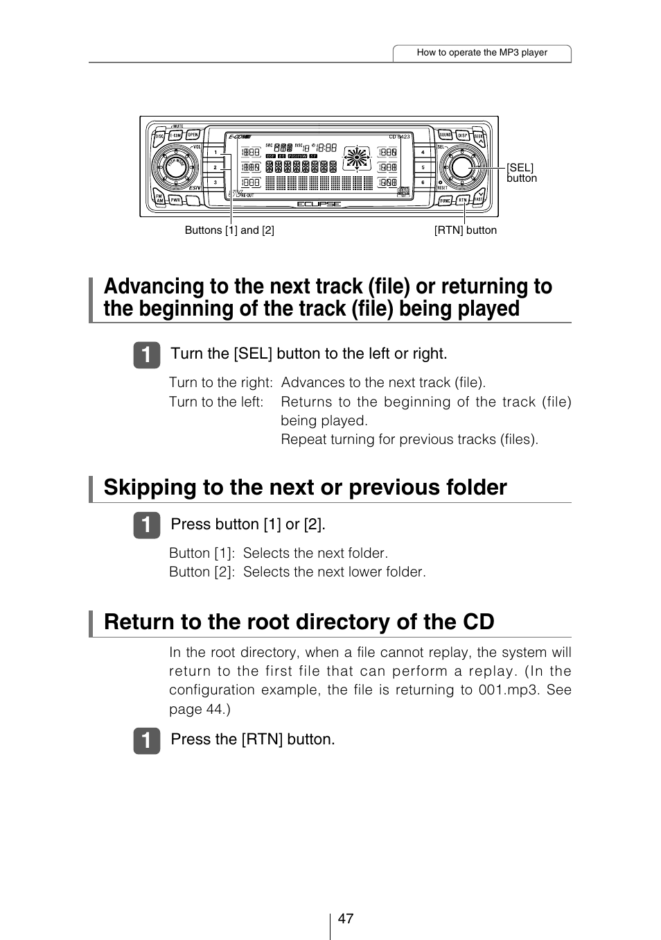 Skipping to the next or previous folder, Return to the root directory of the cd | Eclipse - Fujitsu Ten CD5423 User Manual | Page 47 / 96