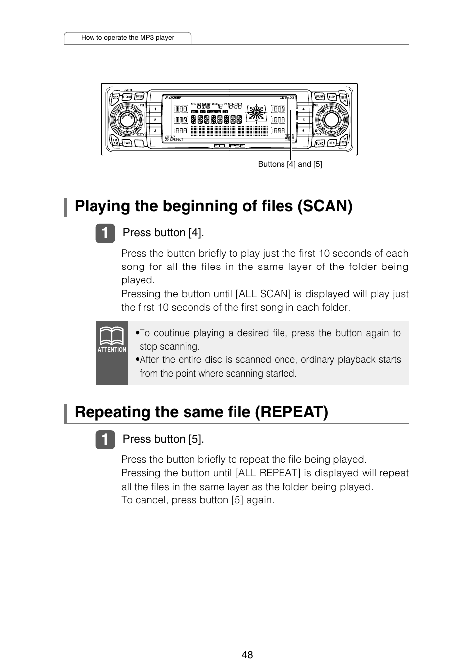 Playing the beginning of files (scan), Repeating the same file (repeat) | Eclipse - Fujitsu Ten CD5423 User Manual | Page 48 / 96