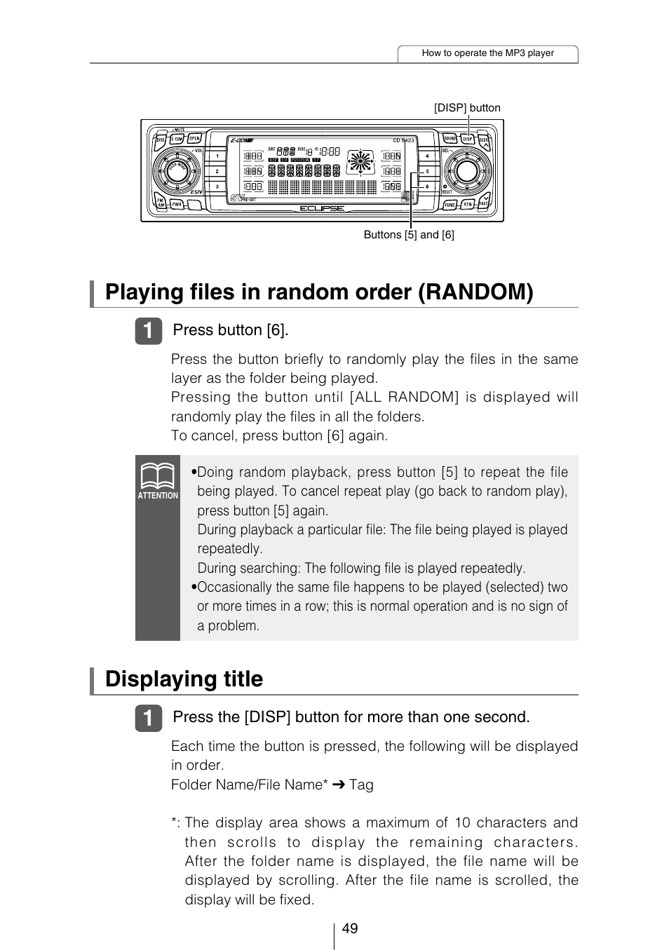 Playing files in random order (random), Displaying title | Eclipse - Fujitsu Ten CD5423 User Manual | Page 49 / 96