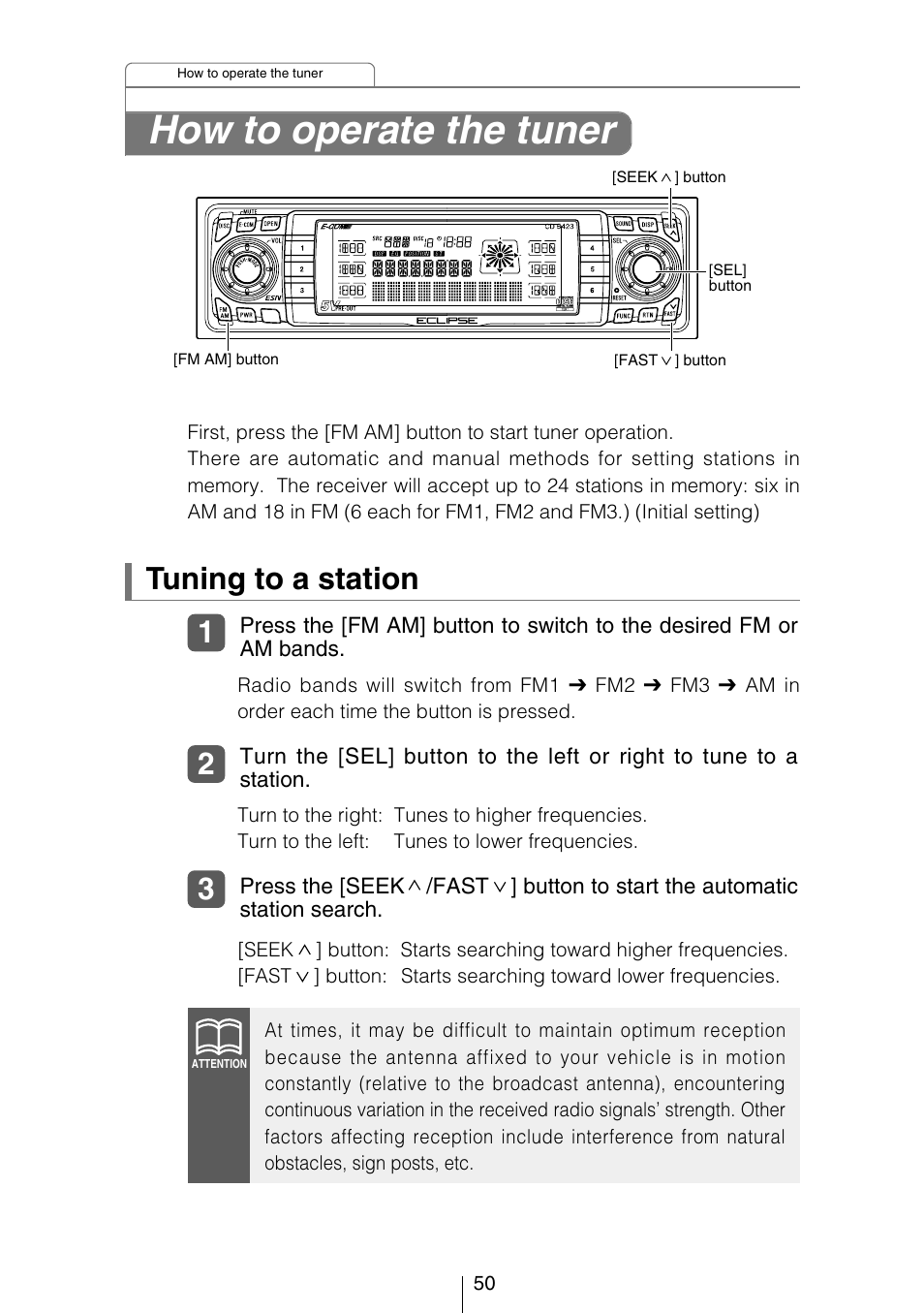 How to operate the tuner, Tuning to a station | Eclipse - Fujitsu Ten CD5423 User Manual | Page 50 / 96