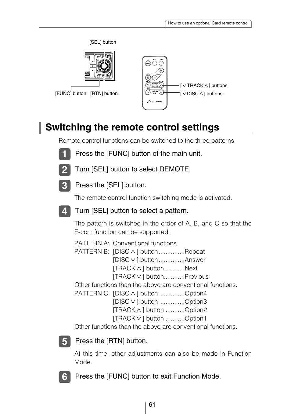 Switching the remote control settings | Eclipse - Fujitsu Ten CD5423 User Manual | Page 61 / 96