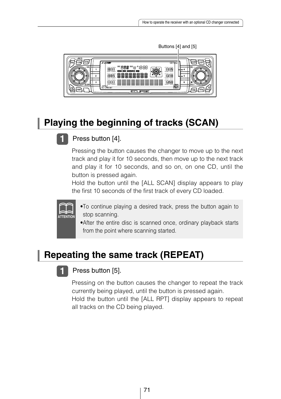 Playing the beginning of tracks (scan), Repeating the same track (repeat) | Eclipse - Fujitsu Ten CD5423 User Manual | Page 71 / 96