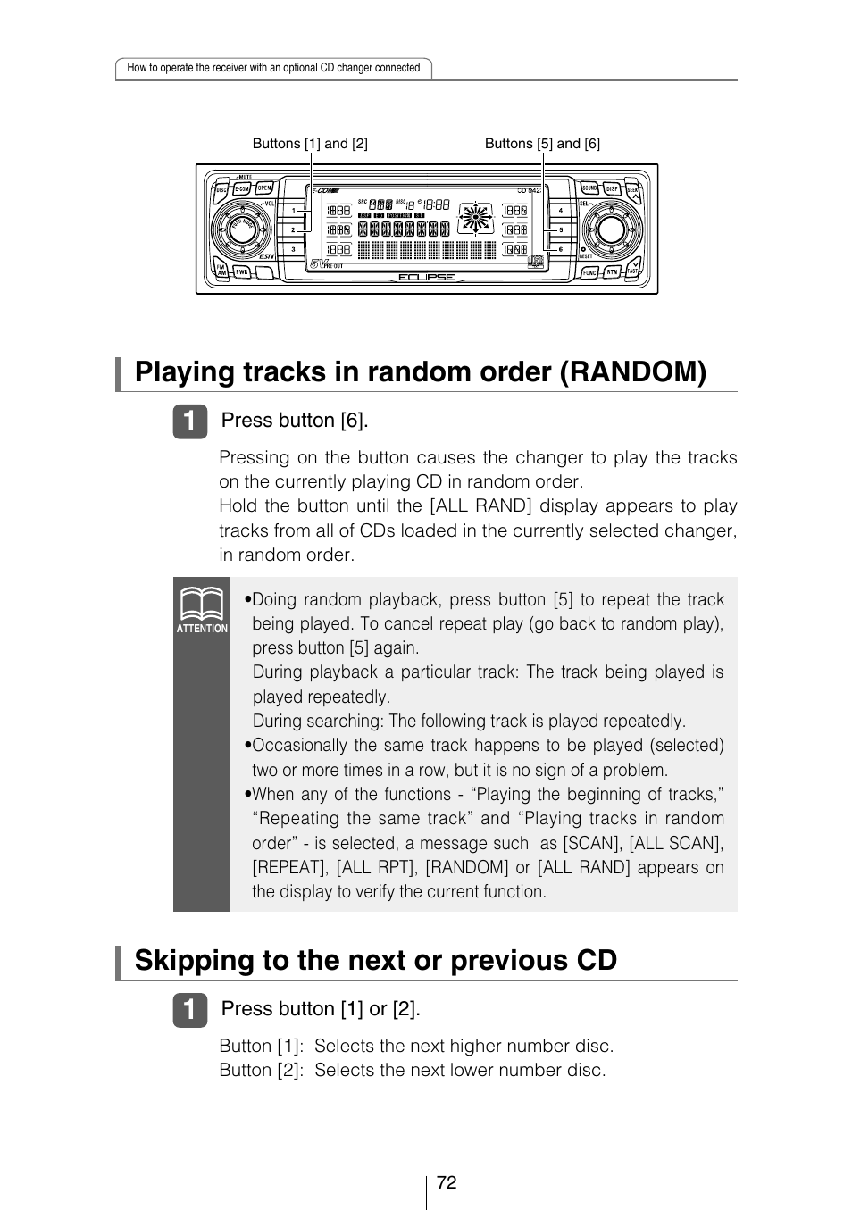 Playing tracks in random order (random), Skipping to the next or previous cd | Eclipse - Fujitsu Ten CD5423 User Manual | Page 72 / 96