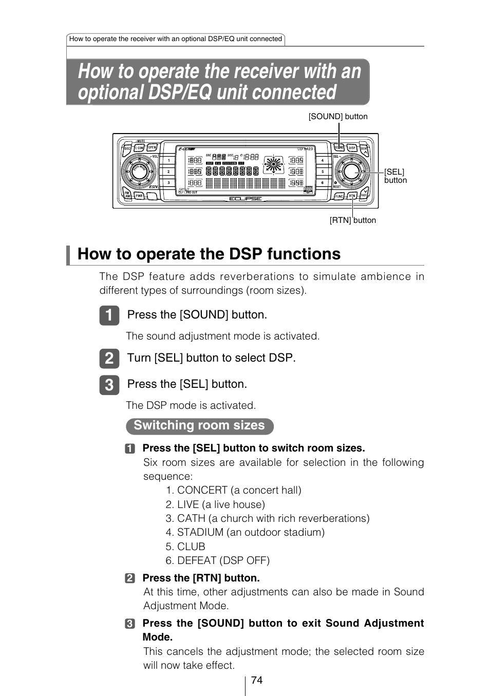 How to operate the dsp functions | Eclipse - Fujitsu Ten CD5423 User Manual | Page 74 / 96