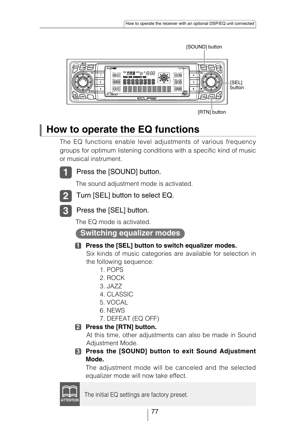 How to operate the eq functions, Switching equalizer modes | Eclipse - Fujitsu Ten CD5423 User Manual | Page 77 / 96