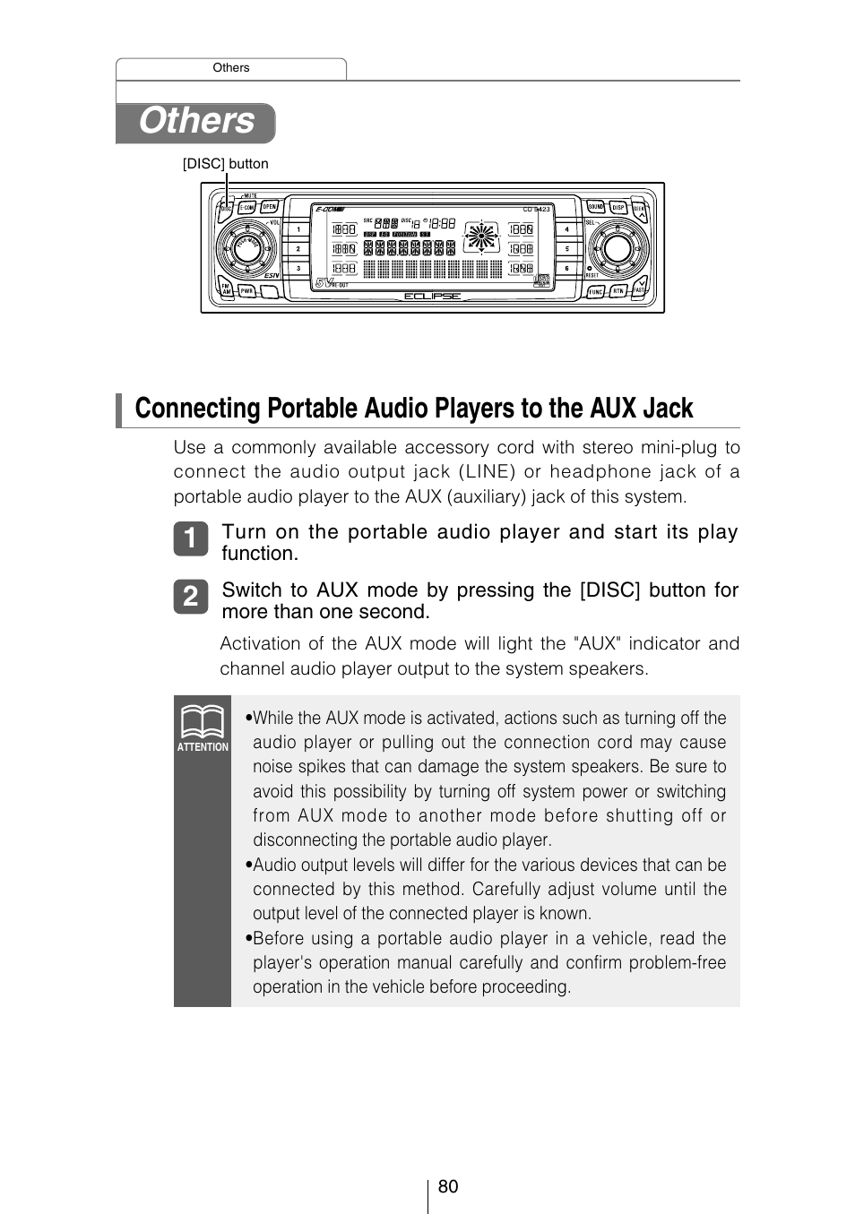 Others, Connecting portable audio players to the aux jack | Eclipse - Fujitsu Ten CD5423 User Manual | Page 80 / 96